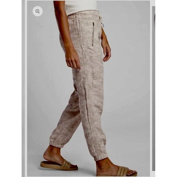 Athleta Cream & Tan Camo Cabo Print Tied Linen Jogger Pant Zip Front Pockets 4 - Picture 2 of 15